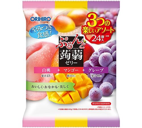 Orihiro 三色蒟蒻果凍-白桃+芒果+葡萄味 24個裝 480g(4571157252230)